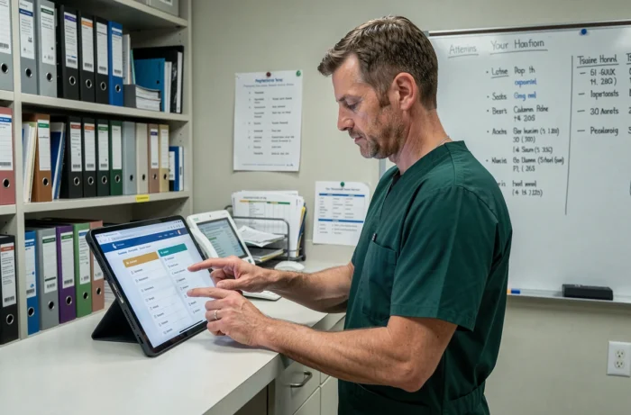 Infirmier masculin debout au poste de soins consultant un site web structuré sur tablette pour trouver des informations professionnelles