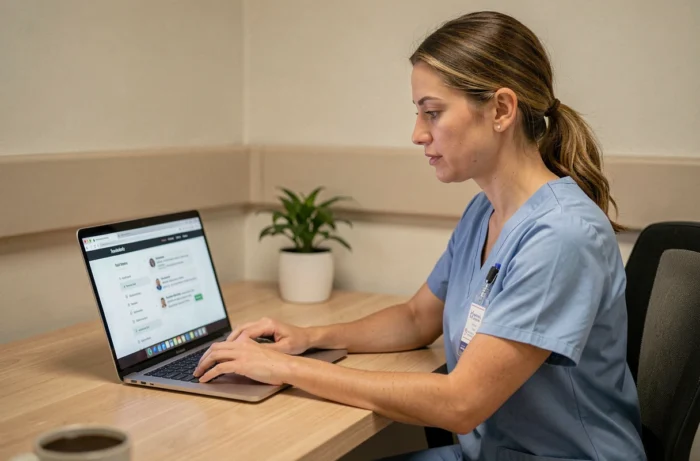 Infirmière en blouse bleue consultant un sitemap de site web infirmier sur un ordinateur portable dans une salle de pause hospitalière