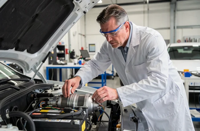 Ingénieur automobile examinant le moteur hybride d'un véhicule prototype dans un laboratoire de recherche automobile