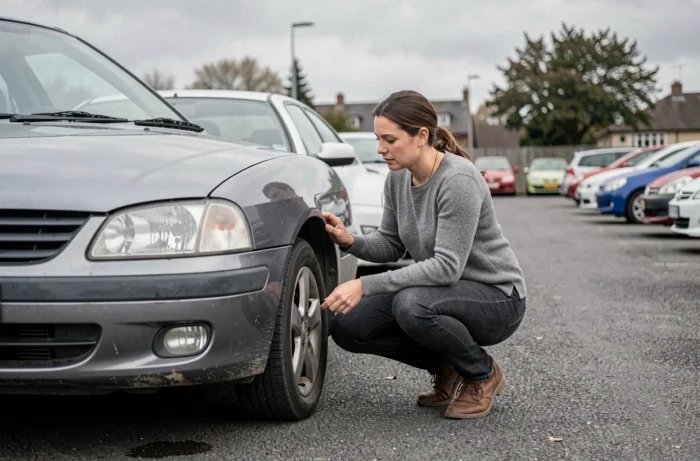 Femme inspectant une voiture d'occasion dans un parc automobile en extérieur