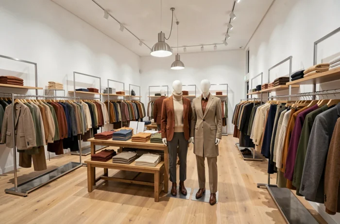 Vue intérieure d'une boutique Banana Republic en France avec collections automnales structurées et mannequins tendance