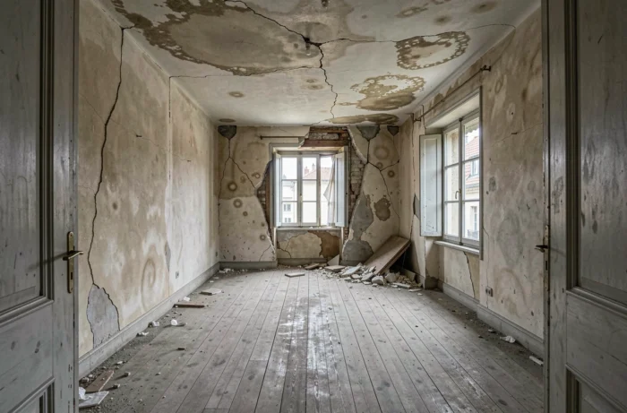 Intérieur d'un logement délabré avec murs fissurés et planchers abîmés, illustrant les critères d'inhabitabilité d'une maison