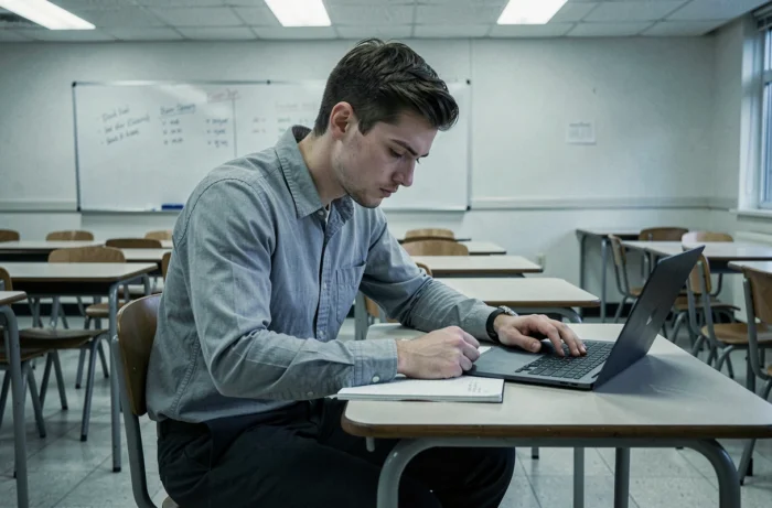 Jeune enseignant fatigué seul dans une salle de classe vide après les cours, reflétant les inquiétudes professionnelles liées à la fin du pacte enseignant prévu en 2026