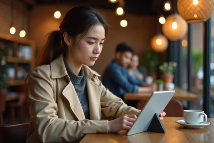 Jeune femme consultant sa messagerie Akeonet sur une tablette dans un café moderne