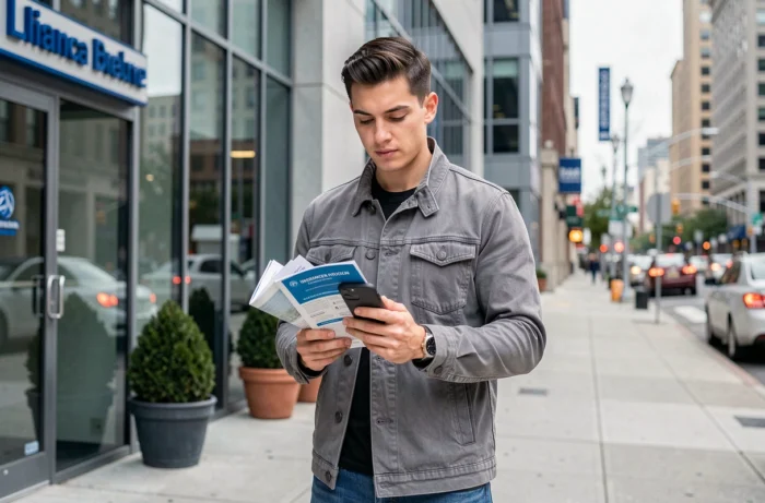 Un jeune homme consulte une brochure d'assurance devant une agence en ville