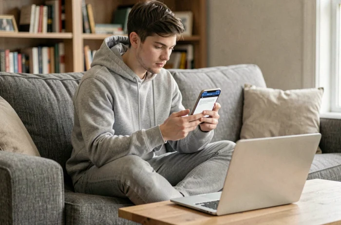 Jeune homme consultant son téléphone face à une erreur de connexion avec un ordinateur portable ouvert devant lui