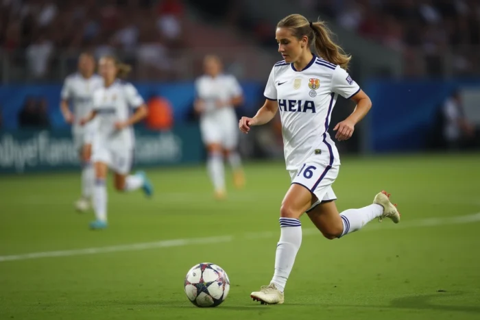 Joueuse de football féminin contrôlant le ballon lors d'un match de club au milieu de terrain