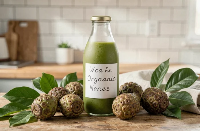 Bouteille de jus de noni biologique avec fruits frais sur un comptoir en bois rustique pour une cure minceur