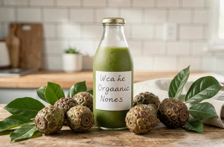 Bouteille de jus de noni biologique avec fruits frais sur un comptoir en bois rustique pour une cure minceur