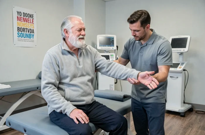 Un kinésithérapeute guide un homme senior lors d'une séance de rééducation dans un cabinet de physiothérapie