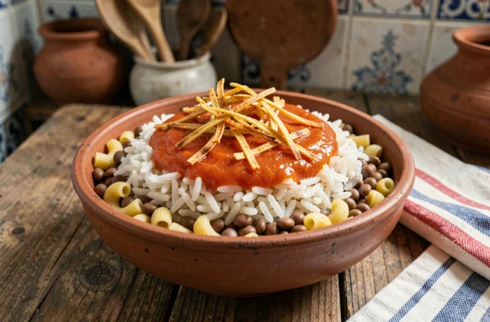 Bol de koshari égyptien traditionnel avec lentilles, riz, pâtes et sauce tomate, plat végétarien savoureux