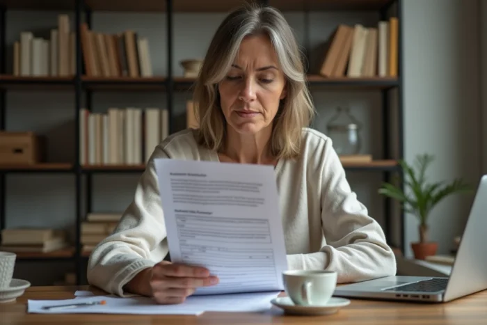 Femme lisant des informations sur les effets secondaires du traitement Capillar à son bureau