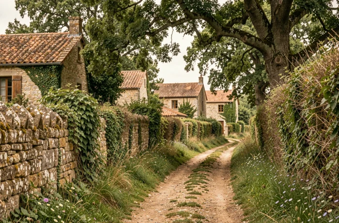 Chemin rural étroit serpentant à travers un lieu-dit isolé avec de vieilles maisons en pierre cachées derrière des haies dans la campagne française