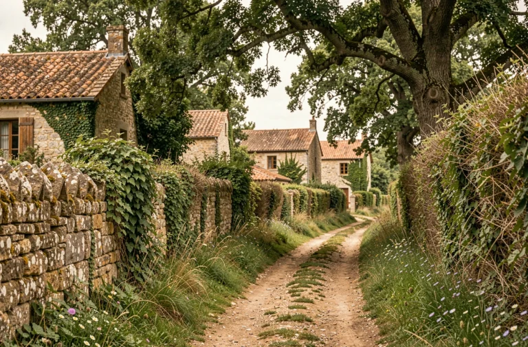 Chemin rural étroit serpentant à travers un lieu-dit isolé avec de vieilles maisons en pierre cachées derrière des haies dans la campagne française