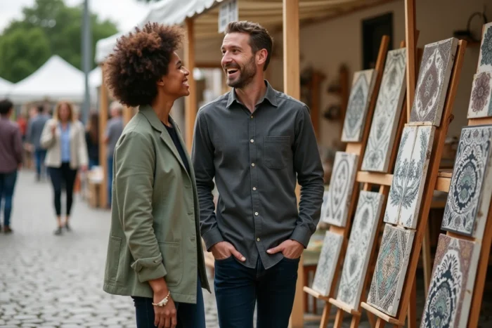Deux professionnels discutant des dernières nouveautés Dekortikon devant un stand de marché design avec panneaux décoratifs et carreaux artisanaux