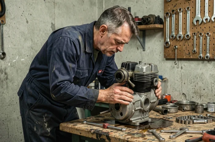 Mécanicien inspectant un moteur Dax 125cc sur un établi dans un atelier de mécanique
