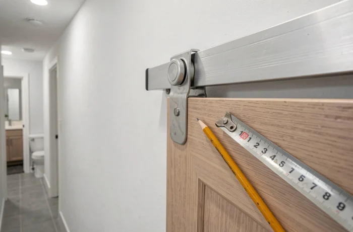 Gros plan sur le mécanisme de rail et galets d'une porte coulissante en cours d'installation dans un couloir