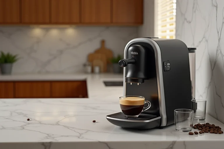 Machine à café Melitta Caffeo Solo E950-222 sur un plan de travail en marbre avec une tasse d'espresso fraîchement préparée