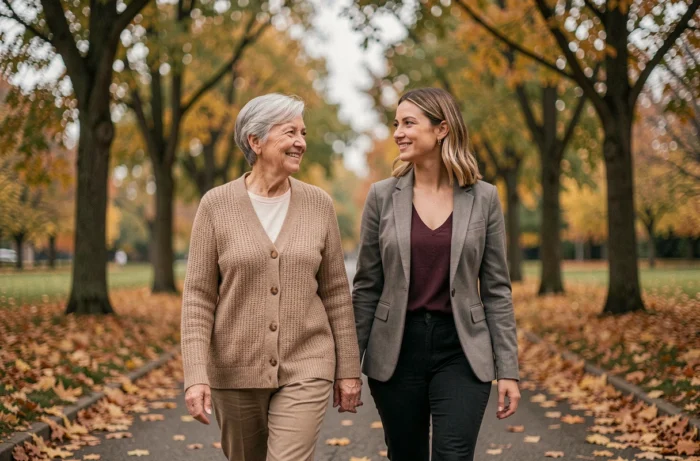 Mère et fille adultes se promenant ensemble dans un parc en automne, symbolisant une relation apaisée et une communication bienveillante entre générations