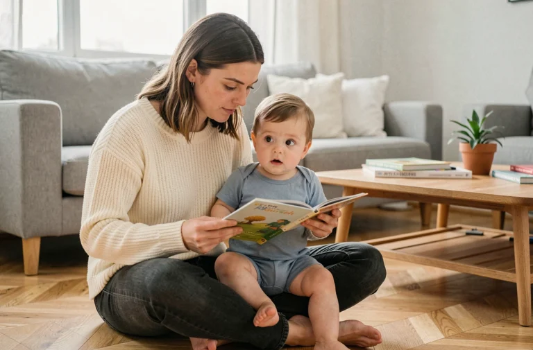 Jeune mère lisant un livre illustré à son tout-petit dans un salon chaleureux, scène de parentalité sereine au quotidien