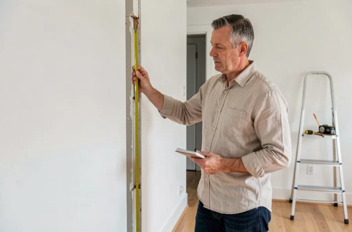 Homme mesurant l'ouverture murale pour installer une porte coulissante dans un salon moderne