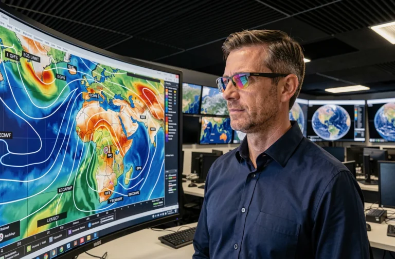 Météorologue analysant des cartes de prévisions GFS et ECMWF sur des écrans dans un centre météorologique professionnel