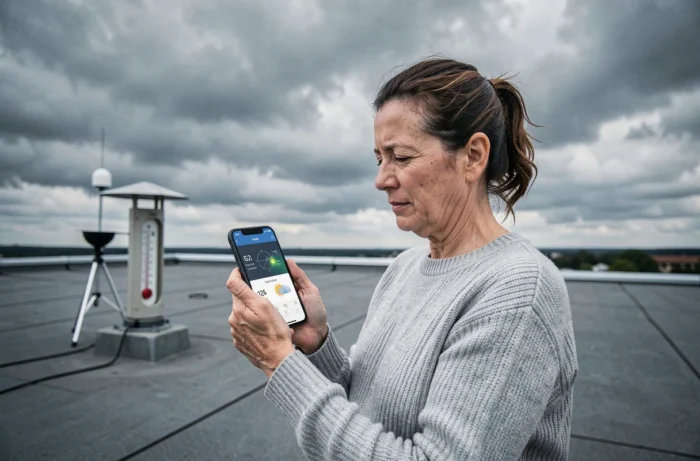 Femme météorologue consultant une application de prévisions GFS et EURO sur smartphone depuis une station d'observation en toiture