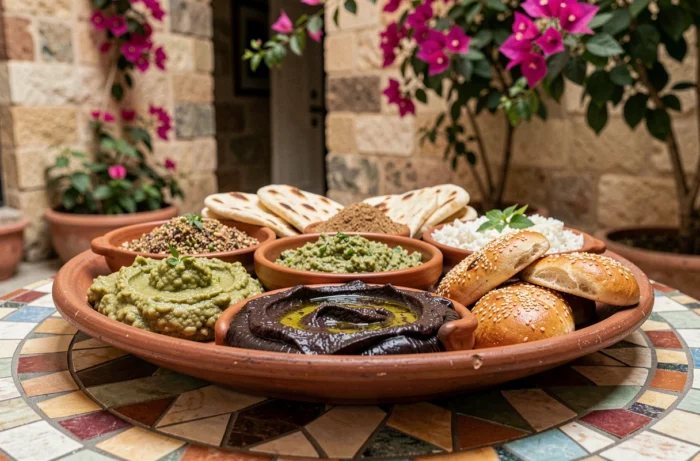 Mezze égyptien végétarien avec ful medames, baba ghanoush et pain pita sur une table en mosaïque