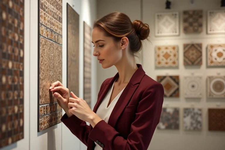 Femme découvrant les nouveautés de décoration intérieure dans un showroom Dekortikon rempli de carreaux ornementaux et de panneaux décoratifs