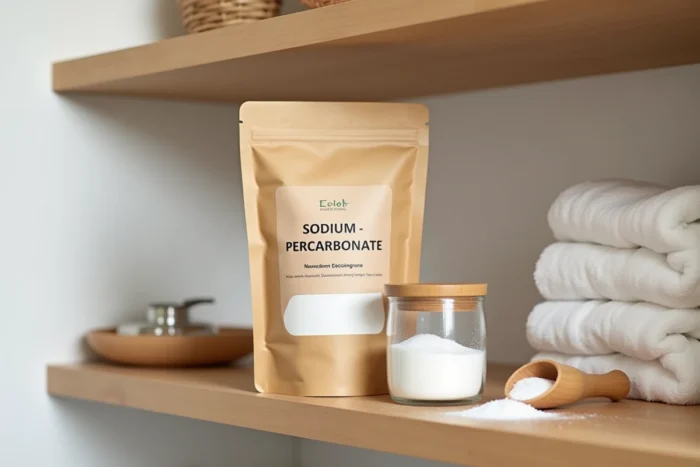 Sachet kraft de percarbonate de soude ouvert avec une pelle en bambou sur une étagère en bois dans une buanderie minimaliste
