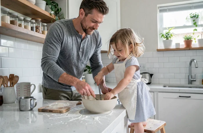 Père et fille préparant une recette ensemble dans une cuisine familiale lumineuse, moment de complicité parentale du quotidien