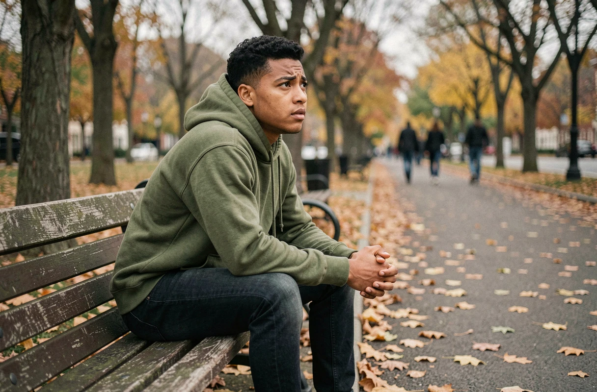 Personne au caractère impulsif isolée sur un banc de parc en automne, exprimant une prise de conscience émotionnelle