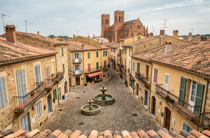 Vue aérienne d'une place de village pittoresque à Albi avec architecture en brique et pierre typique du Tarn