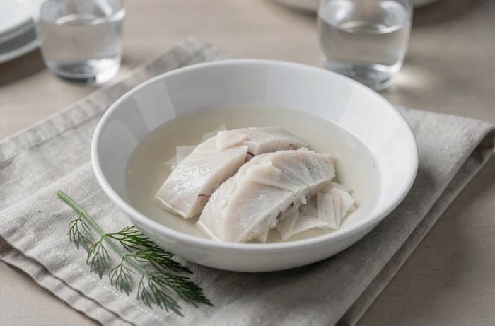 Bol blanc de poisson blanc poché et émietté avec un brin d'aneth et un peu de bouillon sur une serviette en lin