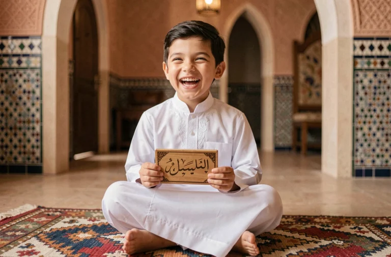 Jeune garçon arabe souriant en thobe blanc avec calligraphie arabe, décor marocain traditionnel