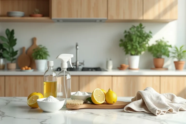 Ensemble de produits ménagers naturels disposés sur un plan de travail en marbre blanc dans une cuisine écologique moderne