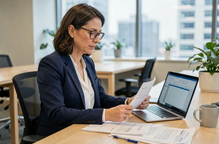 Professionnelle en blazer marine analysant des formulaires de déclarations sociales et cotisations sur un bureau moderne avec ordinateur portable