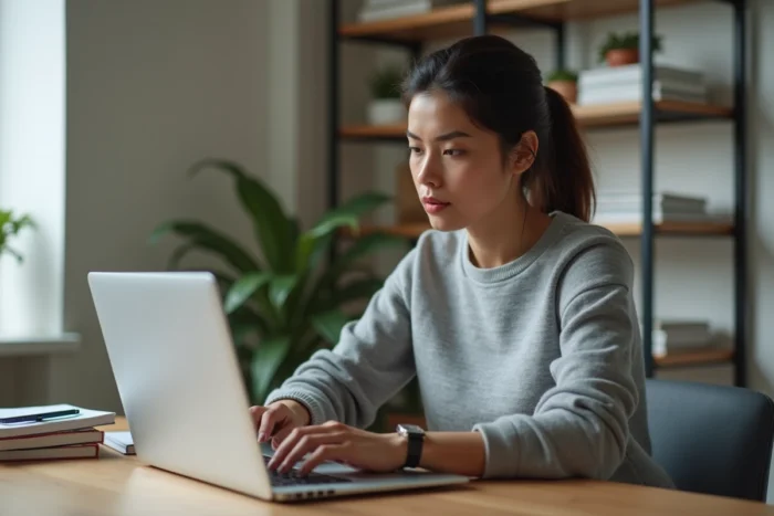 Femme consultant les paramètres de confidentialité sur un ordinateur portable pour se protéger des fuites de données en ligne