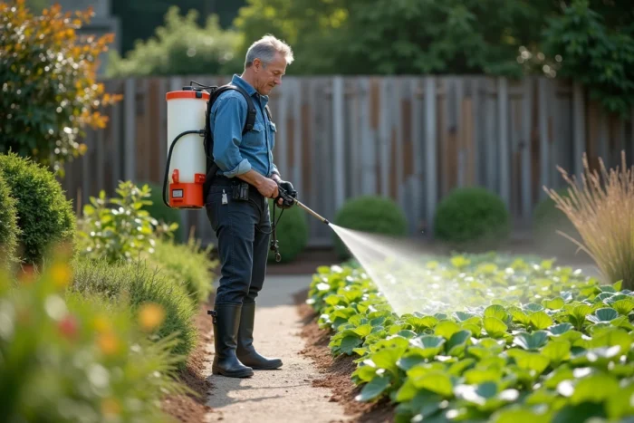 Homme utilisant un pulvérisateur à dos pour appliquer un désherbant sur du pourpier envahissant