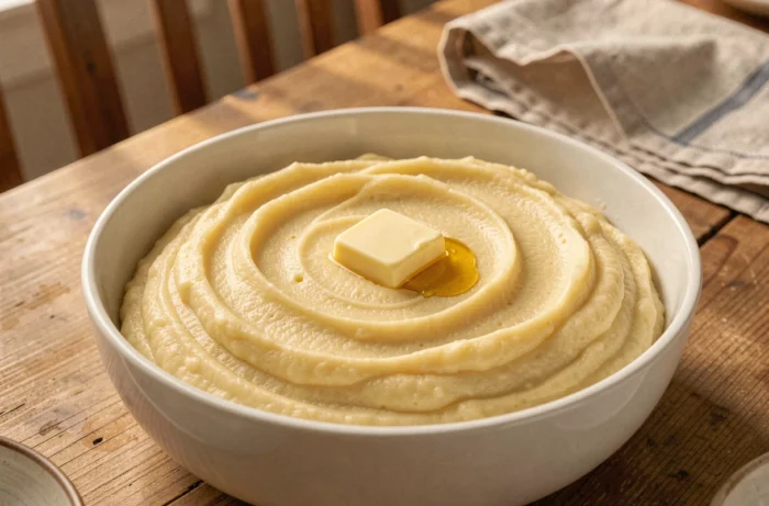 Bol de purée de pommes de terre au beurre onctueuse avec une noix de beurre dorée fondant au centre
