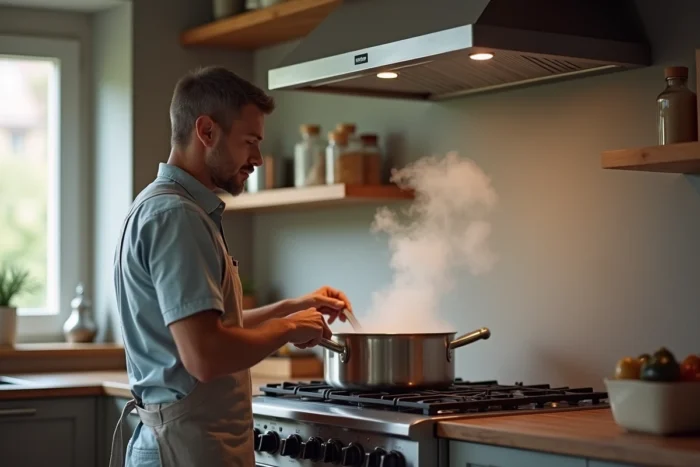 Homme cuisinant sous la hotte Ravanson KR-7010 aspirant la vapeur d'une casserole sur feu vif dans une cuisine familiale