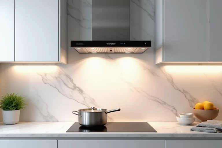 Hotte aspirante Ravanson KR-7010 en acier inoxydable brossé installée au-dessus d'une plaque à induction dans une cuisine moderne