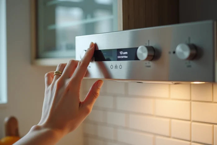 Gros plan sur le panneau de commande tactile de la hotte Ravanson KR-7010 avec affichage numérique et touches sensitives