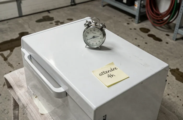 Réfrigérateur couché sur une couverture de déménagement avec minuteur et note indiquant le temps d'attente