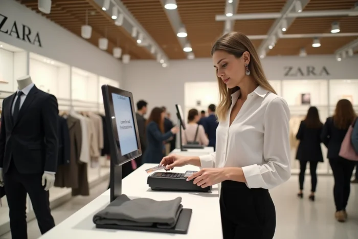 Femme obtenant un remboursement Zara par carte bancaire au terminal de paiement en caisse