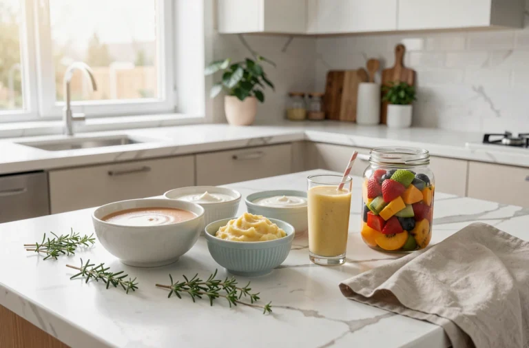 Assortiment de repas doux et faciles à manger après une extraction dentaire, présentés sur un comptoir en marbre blanc