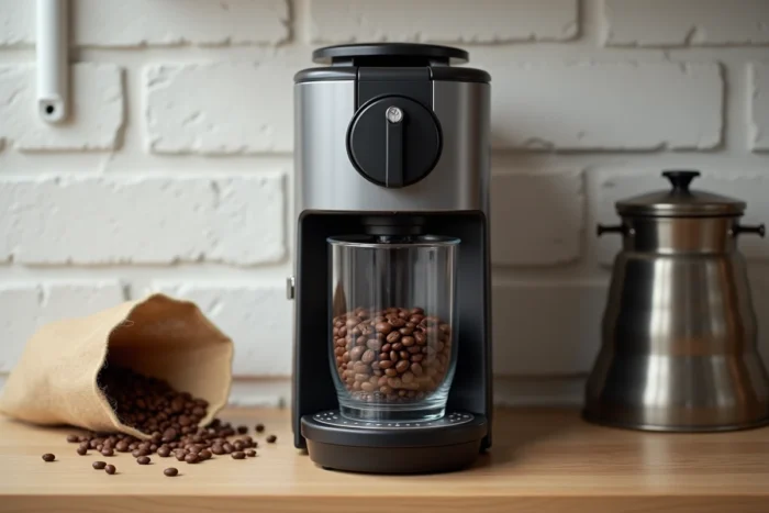 Gros plan sur le réservoir à grains de la Melitta Caffeo Solo E950-222 avec des grains de café arabica torréfiés