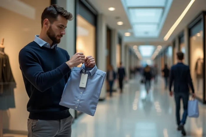 Homme vérifiant l'étiquette d'un vêtement Zara avant de procéder à un retour en magasin
