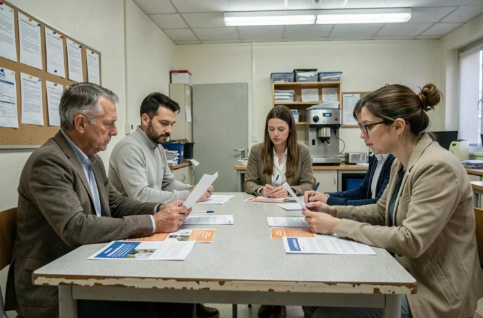 Groupe d'enseignants réunis dans une salle des professeurs discutant des conséquences de la suppression du pacte enseignant en 2026 autour de documents syndicaux