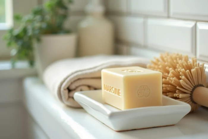 Cube de savon de Marseille avec inscription dorée posé sur un porte-savon en céramique blanche avec une brosse en sisal